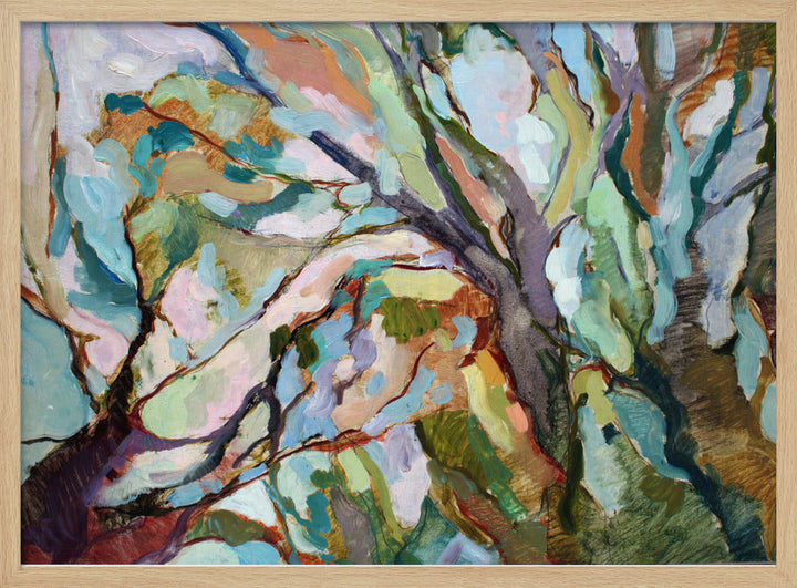 A vibrant abstract painting of eucalypt forest branches in teal green pink and brown in a light wood frame on canvas