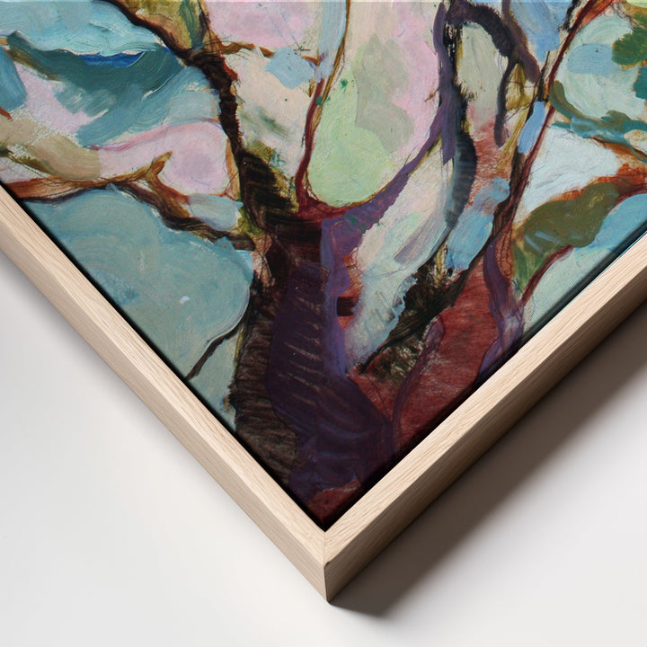 Eucalypt forest original abstract Australian bush nature painting on stretched canvas with teal pink purple earthy tones in wood frame