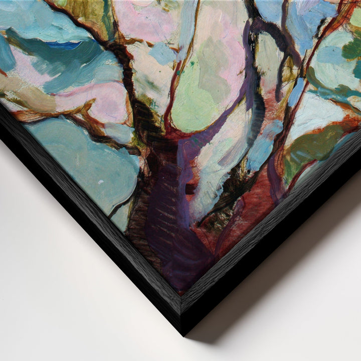 Abstract painting eucalypt forest in black frame with bold teal lavender and deep purple brushstrokes on textured canvas