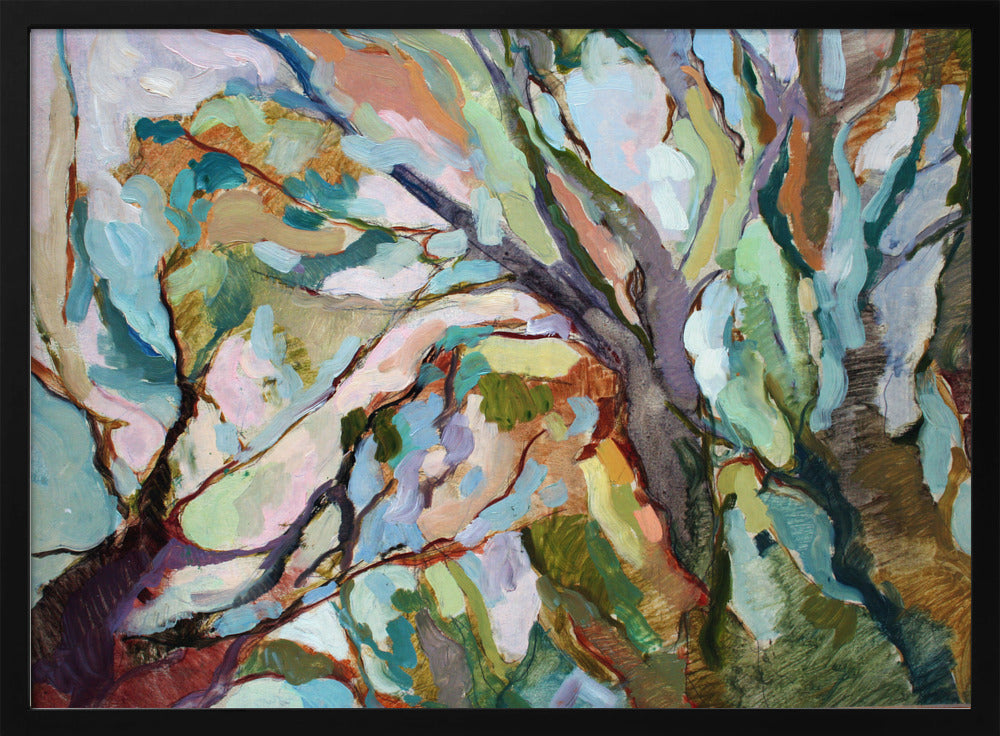Eucalypt forest original abstract Australian bush nature painting with teal green pink and brown brushstrokes in black frame
