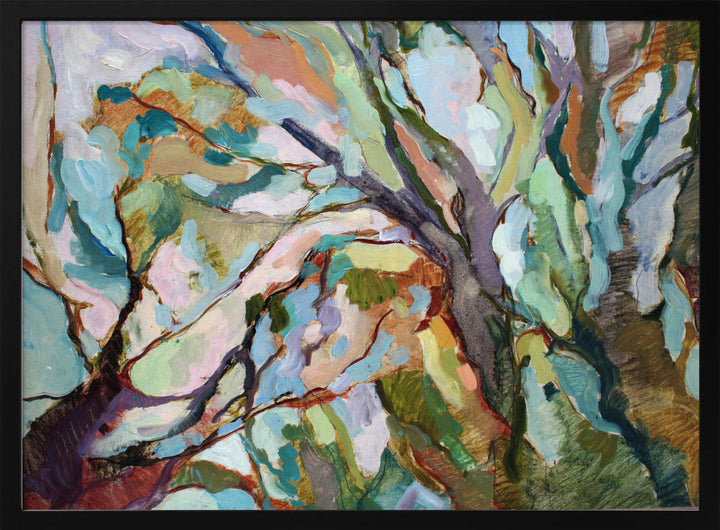 Eucalypt forest original abstract Australian bush nature painting with teal green pink and brown brushstrokes in black frame