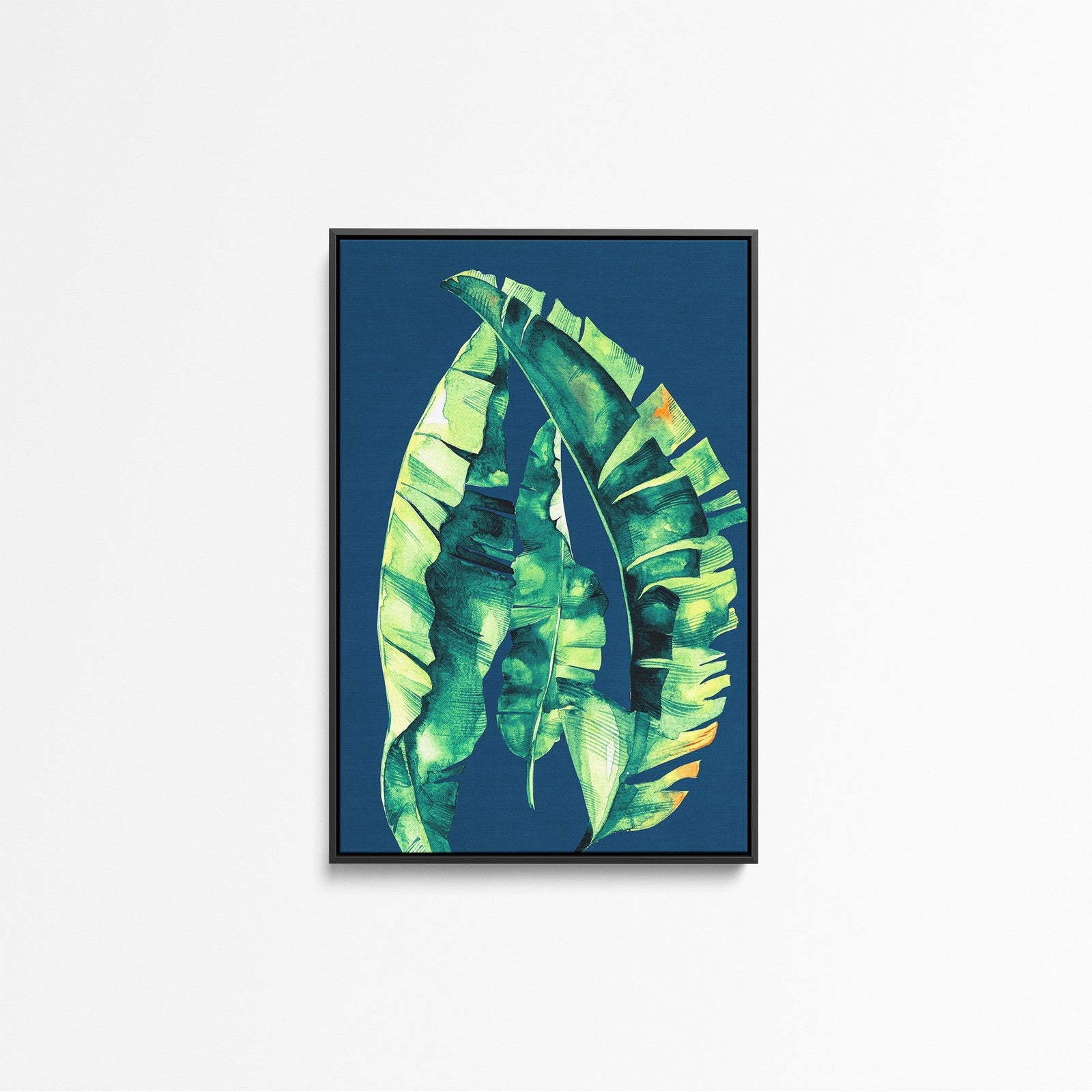 Falling Banana Leaf - Banana Leaf Palm Tropical Print Blue Background - I Heart Wall Art