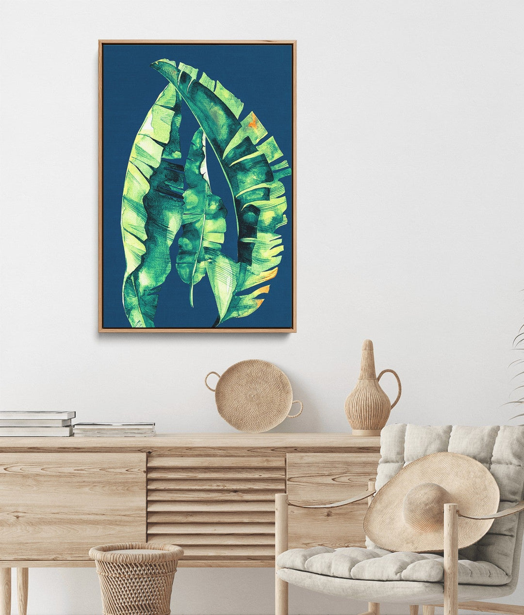 Falling Banana Leaf - Banana Leaf Palm Tropical Print Blue Background - I Heart Wall Art