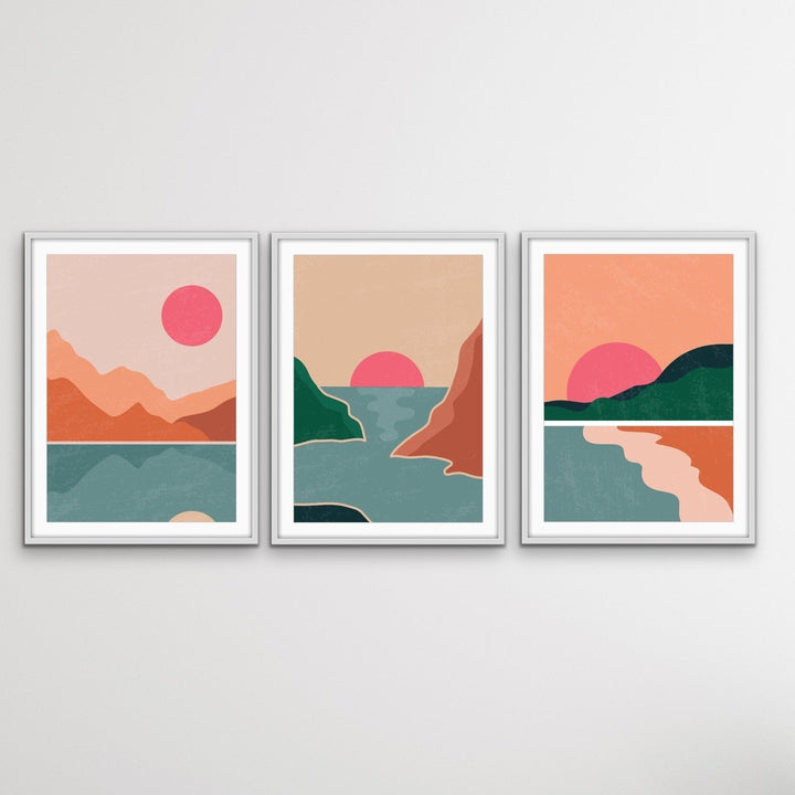 Faraway Place - Three Piece Orange Pink Geometric Boho Print Set Triptych - I Heart Wall Art