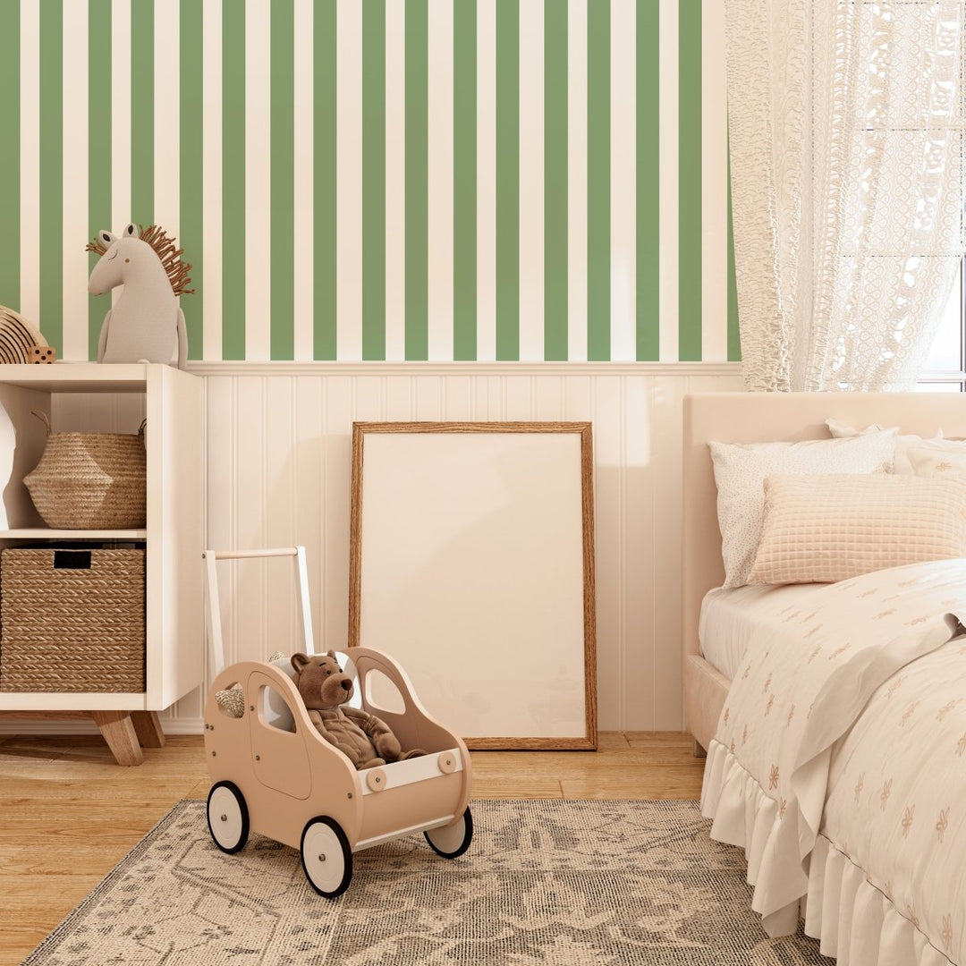 Farmhouse Green Stripe Wallpaper - Quality Peel and Stick Adhesive Wallpaper - I Heart Wall Art - Poster Print, Canvas Print or Framed Art Print