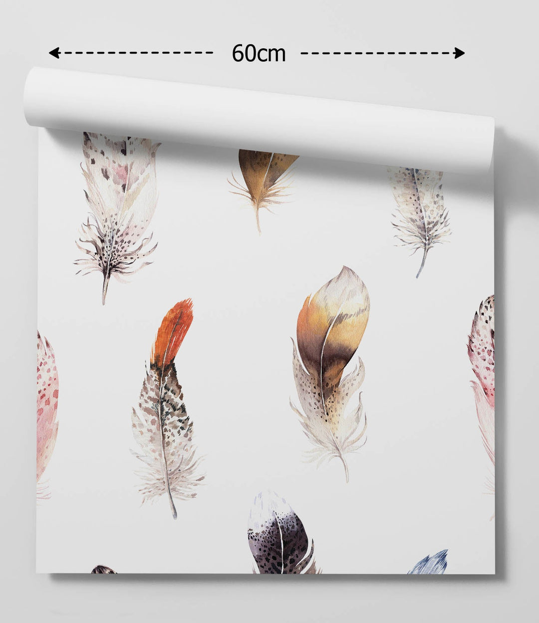 A roll of featherweight white peel and stick wallpaper with delicate watercolor feathers in soft earth tones