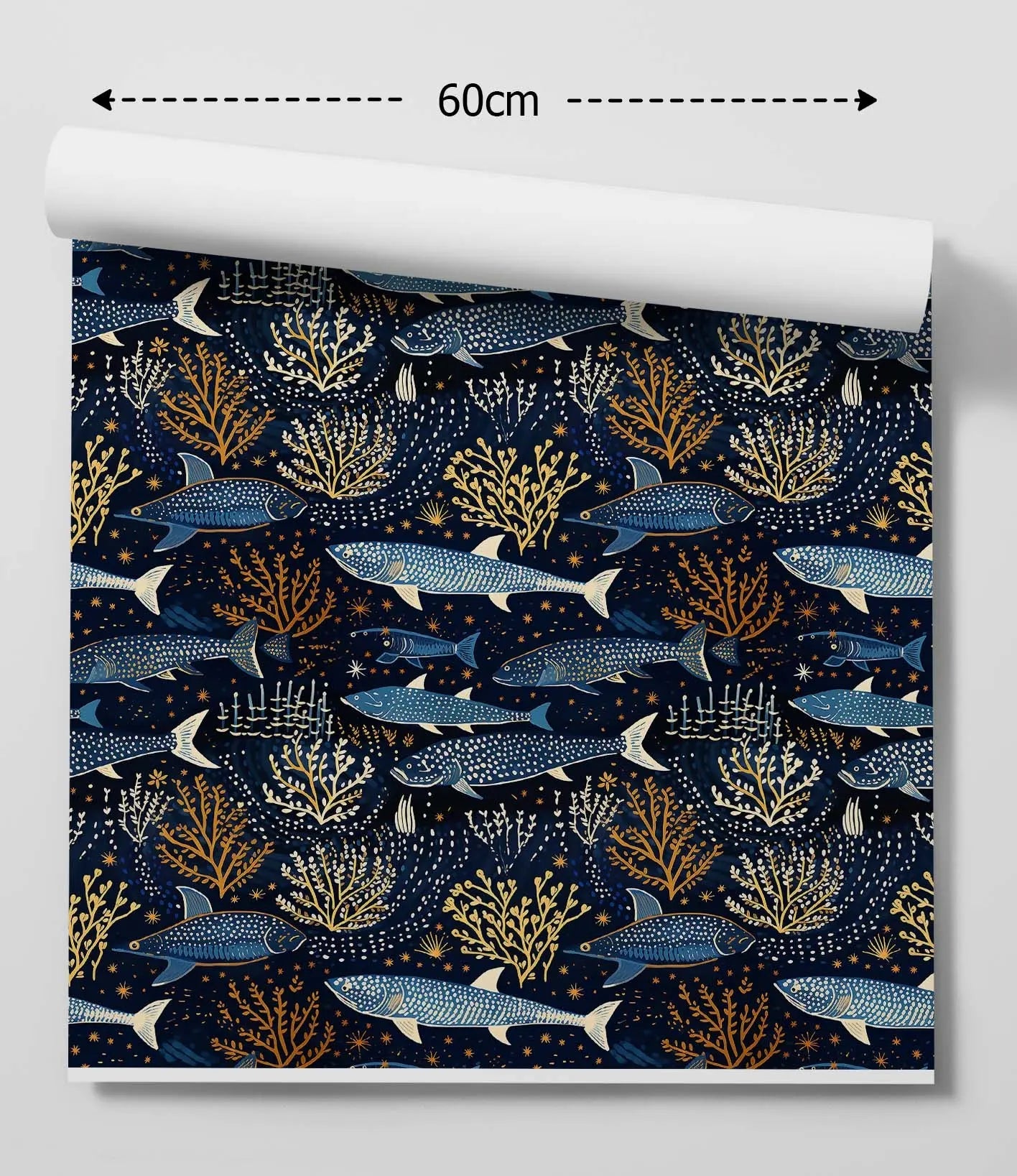 Dark blue fish out of water peel and stick removable wallpaper with gold white and light blue fish and coral pattern