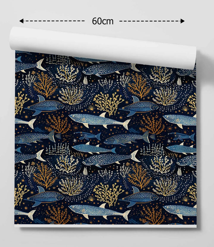Dark blue fish out of water peel and stick removable wallpaper with gold white and light blue fish and coral pattern