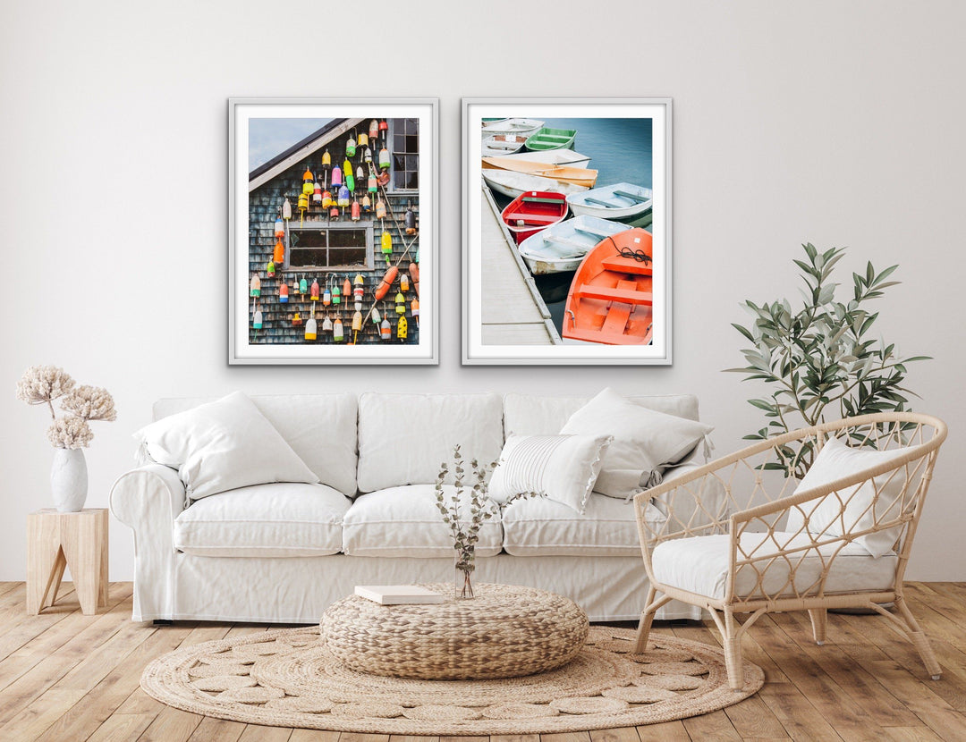Fishing Shack With Buoys And Colourful Dinghies - Two Piece Photographic Print Set Diptych - I Heart Wall Art