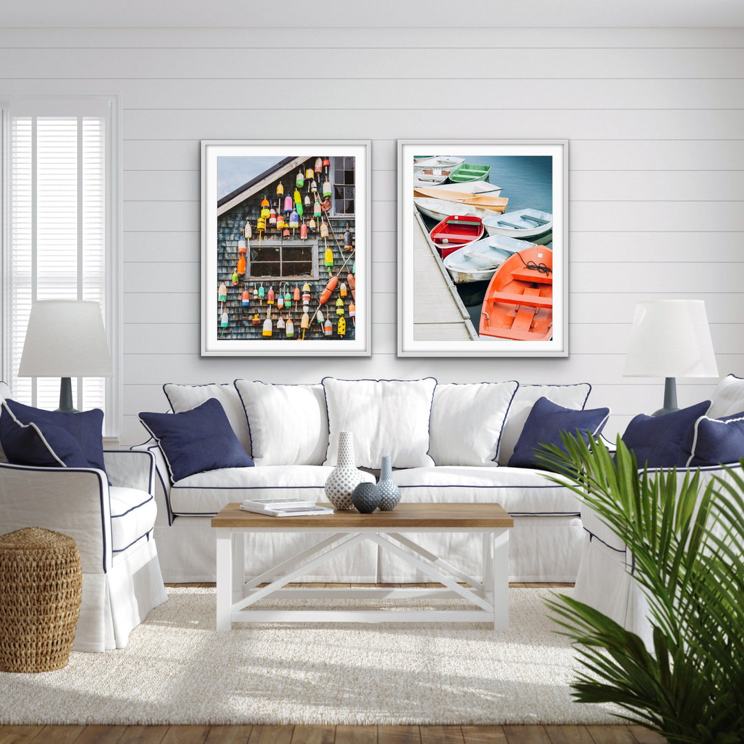 Fishing Shack With Buoys And Colourful Dinghies - Two Piece Photographic Print Set Diptych - I Heart Wall Art