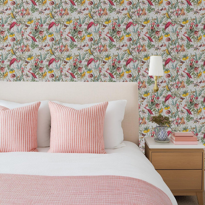Flamingo Dance - Coloured Flamingo &amp; Bird Peel and Stick Wallpaper - I Heart Wall Art - Poster Print, Canvas Print or Framed Art Print