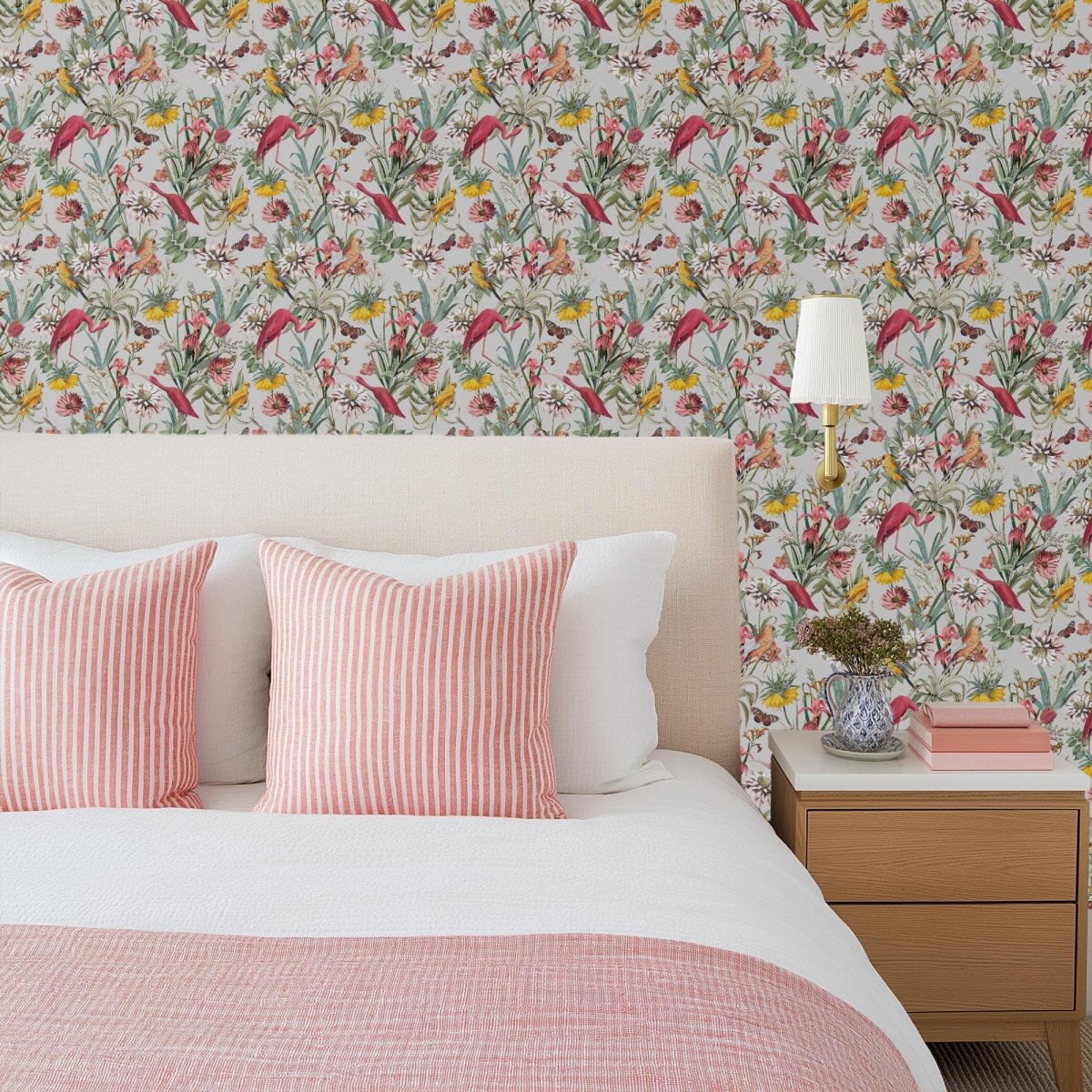 Flamingo Dance - Coloured Flamingo & Bird Peel and Stick Wallpaper - I Heart Wall Art - Poster Print, Canvas Print or Framed Art Print