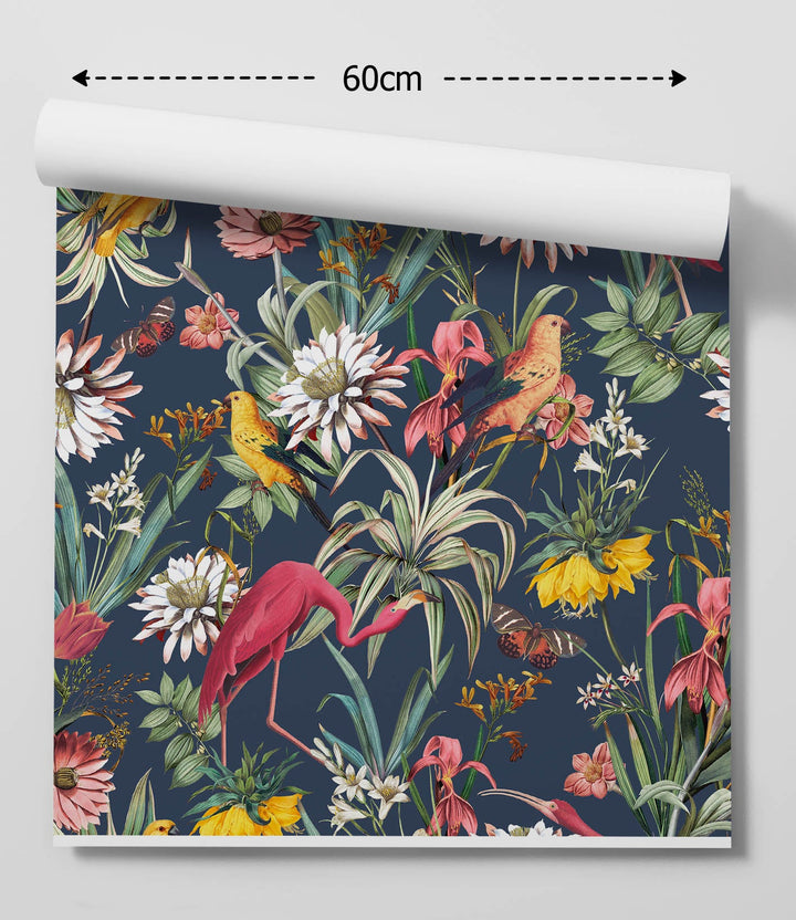 A vibrant tropical flamingo and bird peel and stick wallpaper roll with pink flamingos and flowers on navy background