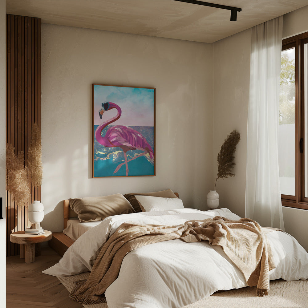 Flamingo goes to the beach - Stretched Canvas, Poster or Fine Art Print I Heart Wall Art
