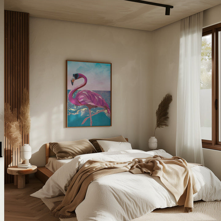 Flamingo goes to the beach - Stretched Canvas, Poster or Fine Art Print I Heart Wall Art