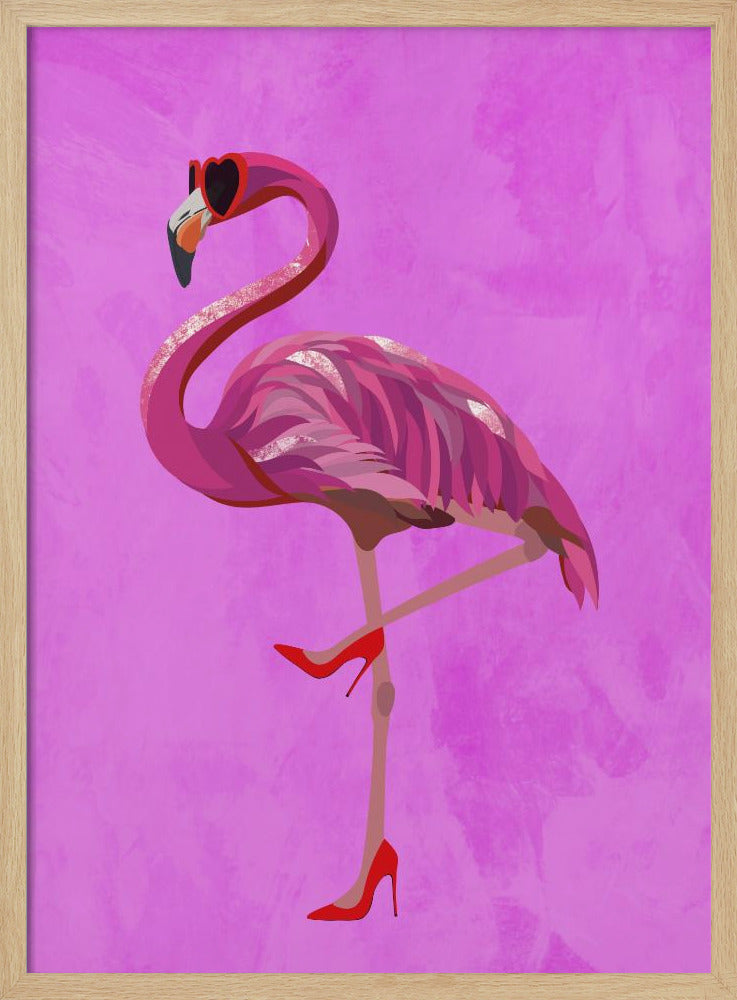 Flamingo in heels and heart glasses pink - Stretched Canvas, Poster or Fine Art Print I Heart Wall Art