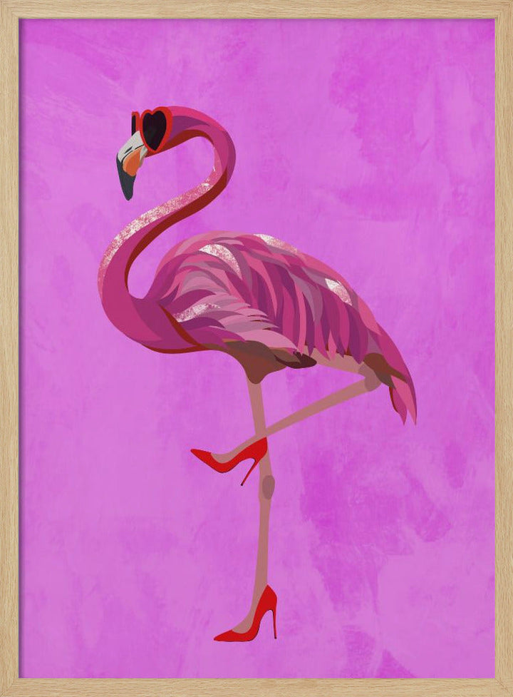 Flamingo in heels and heart glasses pink - Stretched Canvas, Poster or Fine Art Print I Heart Wall Art