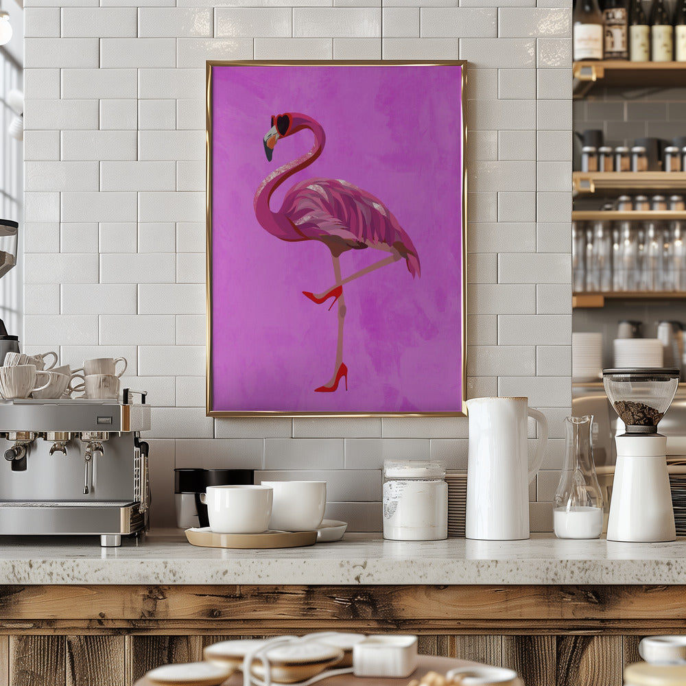 Flamingo in heels and heart glasses pink - Stretched Canvas, Poster or Fine Art Print I Heart Wall Art