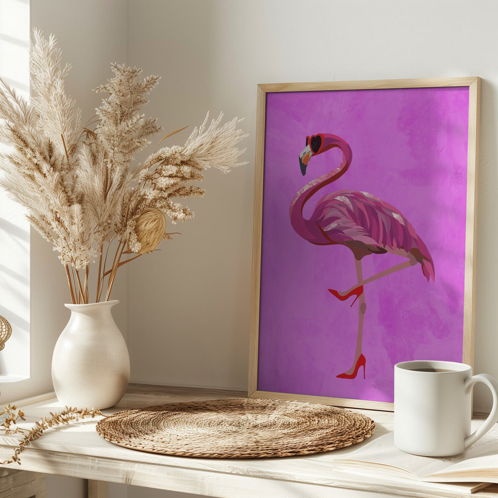 Flamingo in heels and heart glasses pink - Stretched Canvas, Poster or Fine Art Print I Heart Wall Art