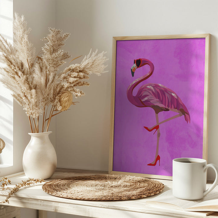 Flamingo in heels and heart glasses pink - Stretched Canvas, Poster or Fine Art Print I Heart Wall Art