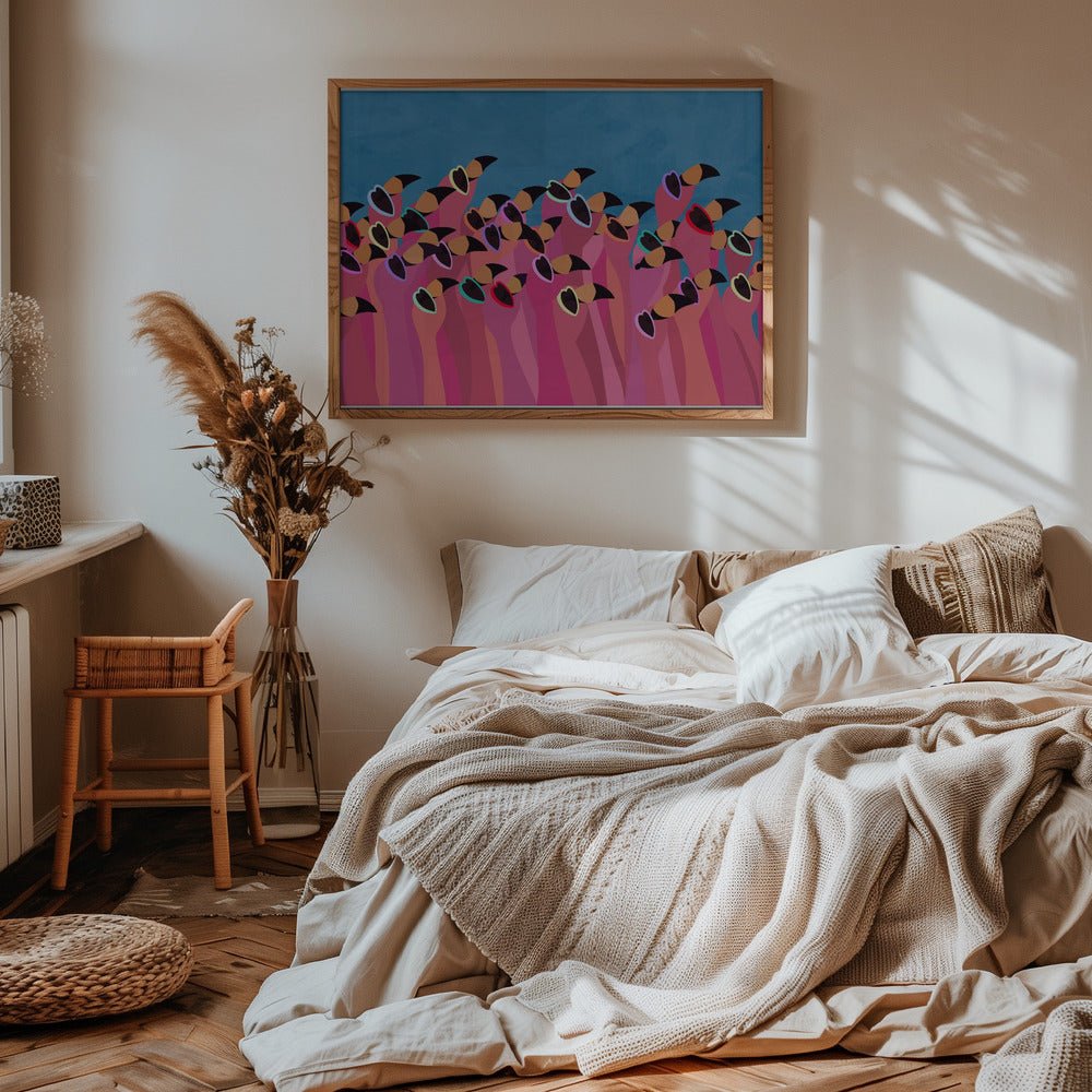 Flock flamingo blue - Stretched Canvas, Poster or Fine Art Print - I Heart Wall Art - Poster Print, Canvas Print or Framed Art Print
