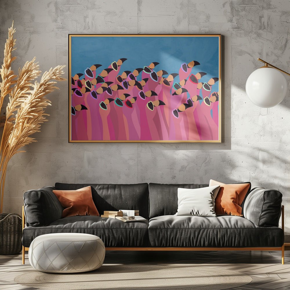 Flock flamingo blue - Stretched Canvas, Poster or Fine Art Print - I Heart Wall Art - Poster Print, Canvas Print or Framed Art Print