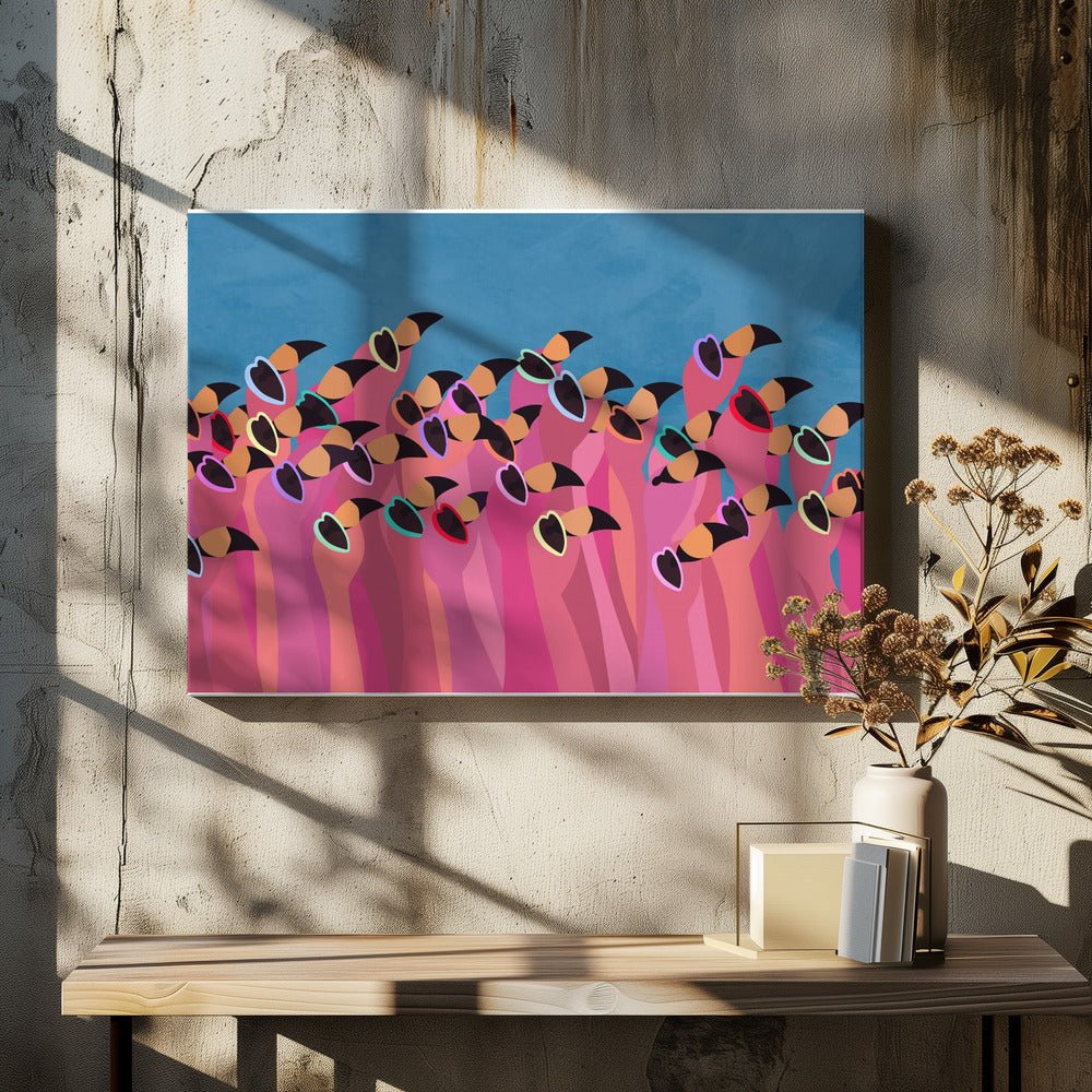 Flock flamingo blue - Stretched Canvas, Poster or Fine Art Print - I Heart Wall Art - Poster Print, Canvas Print or Framed Art Print