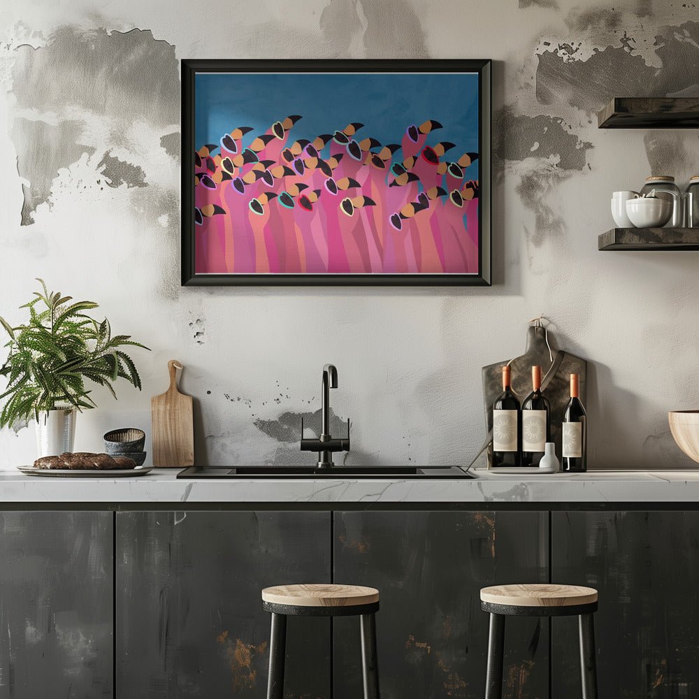 Flock flamingo blue - Stretched Canvas, Poster or Fine Art Print - I Heart Wall Art - Poster Print, Canvas Print or Framed Art Print