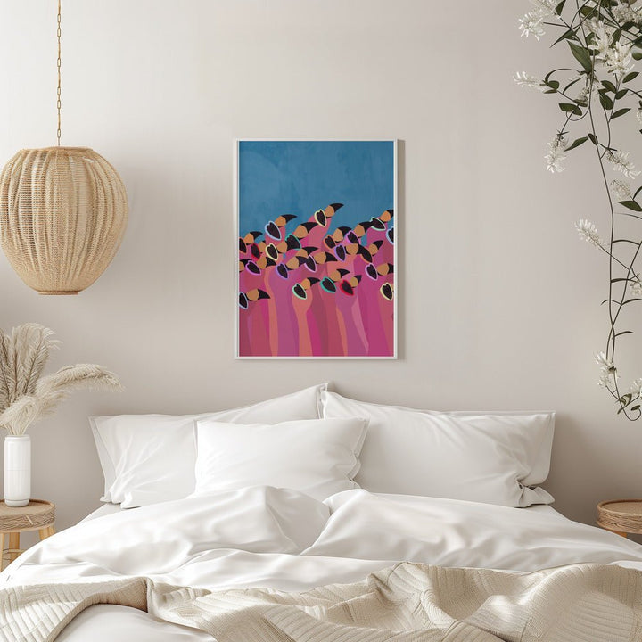 Flock flamingo blue2 - Stretched Canvas, Poster or Fine Art Print - I Heart Wall Art - Poster Print, Canvas Print or Framed Art Print