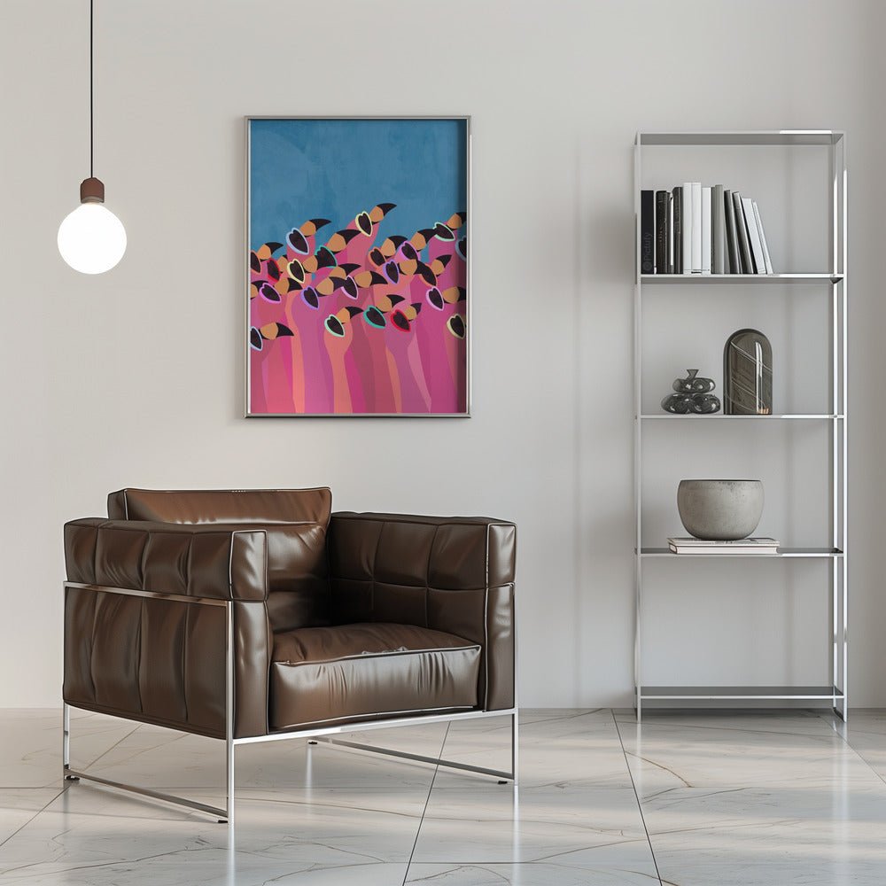 Flock flamingo blue2 - Stretched Canvas, Poster or Fine Art Print - I Heart Wall Art - Poster Print, Canvas Print or Framed Art Print