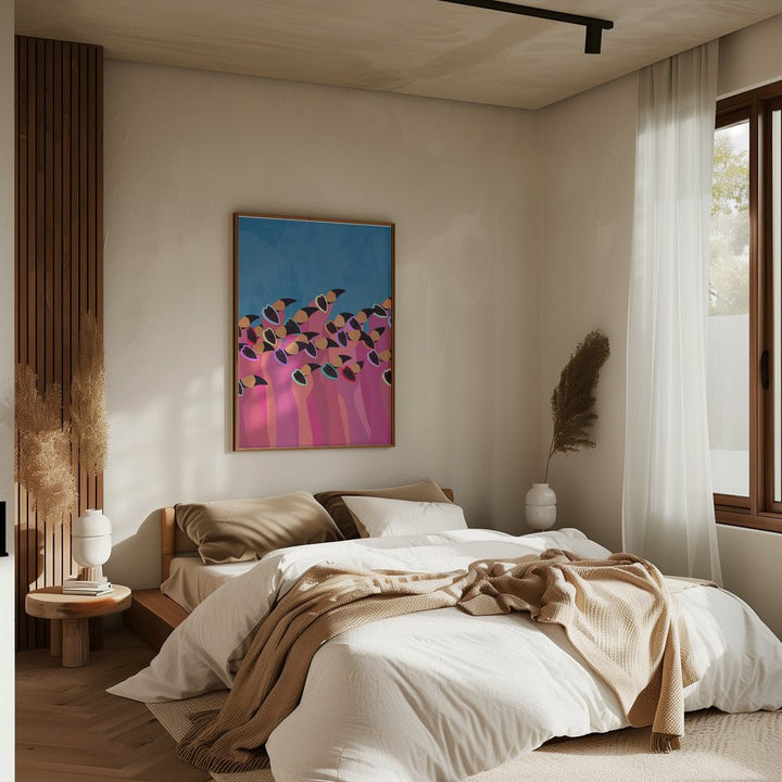 Flock flamingo blue2 - Stretched Canvas, Poster or Fine Art Print - I Heart Wall Art - Poster Print, Canvas Print or Framed Art Print