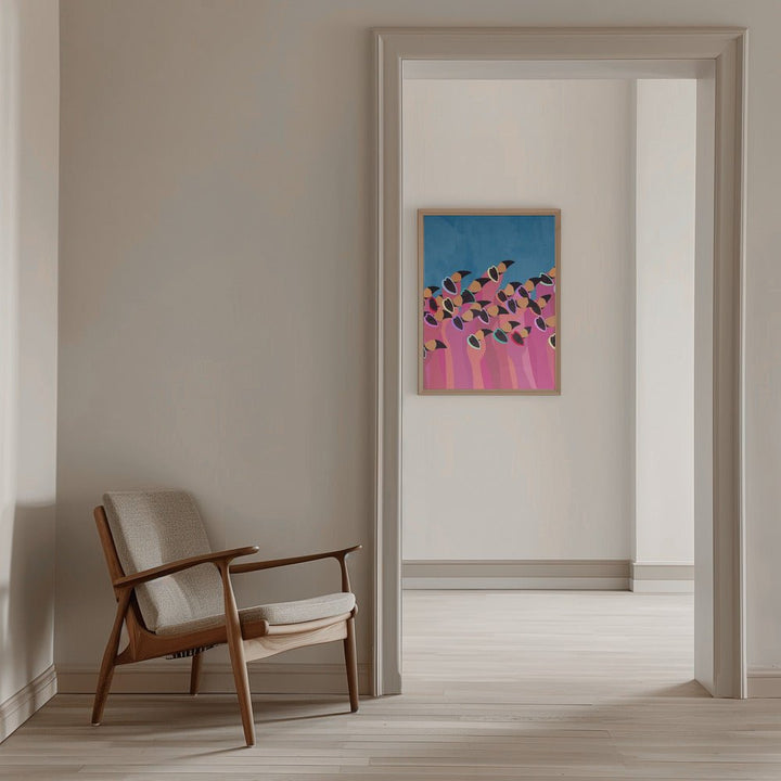 Flock flamingo blue2 - Stretched Canvas, Poster or Fine Art Print - I Heart Wall Art - Poster Print, Canvas Print or Framed Art Print