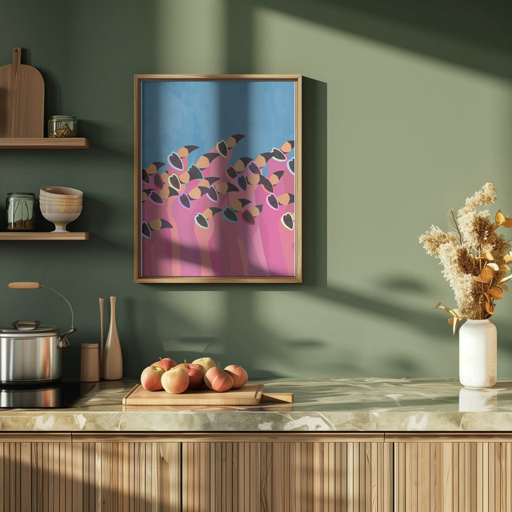 Flock flamingo blue2 - Stretched Canvas, Poster or Fine Art Print - I Heart Wall Art - Poster Print, Canvas Print or Framed Art Print
