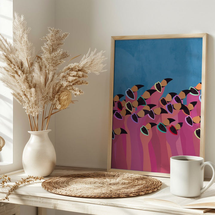 Flock flamingo blue2 - Stretched Canvas, Poster or Fine Art Print - I Heart Wall Art - Poster Print, Canvas Print or Framed Art Print