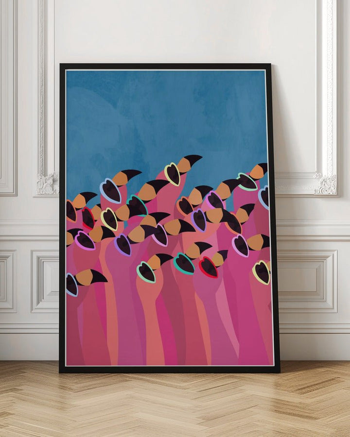 Flock flamingo blue2 - Stretched Canvas, Poster or Fine Art Print - I Heart Wall Art - Poster Print, Canvas Print or Framed Art Print