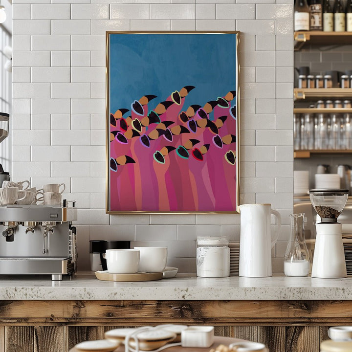 Flock flamingo blue2 - Stretched Canvas, Poster or Fine Art Print - I Heart Wall Art - Poster Print, Canvas Print or Framed Art Print
