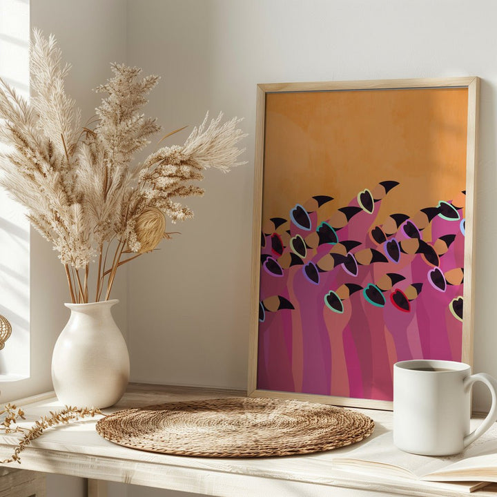 Flock flamingo orange - Stretched Canvas, Poster or Fine Art Print - I Heart Wall Art - Poster Print, Canvas Print or Framed Art Print