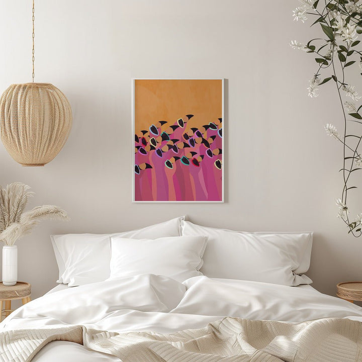 Flock flamingo orange - Stretched Canvas, Poster or Fine Art Print - I Heart Wall Art - Poster Print, Canvas Print or Framed Art Print