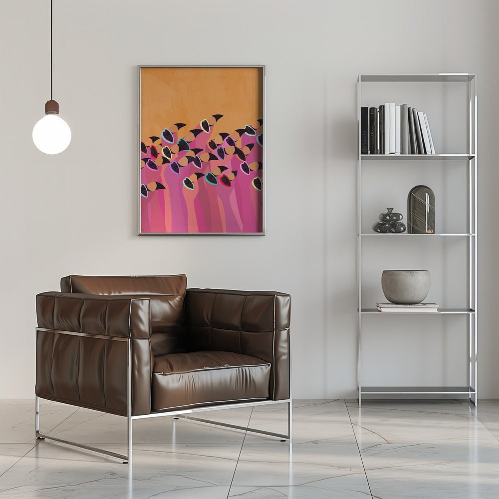 Flock flamingo orange - Stretched Canvas, Poster or Fine Art Print - I Heart Wall Art - Poster Print, Canvas Print or Framed Art Print