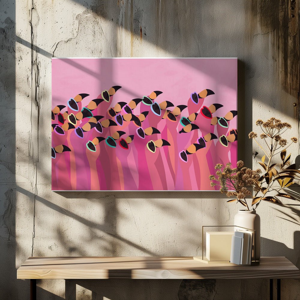 Flock flamingo peach - Stretched Canvas, Poster or Fine Art Print - I Heart Wall Art - Poster Print, Canvas Print or Framed Art Print