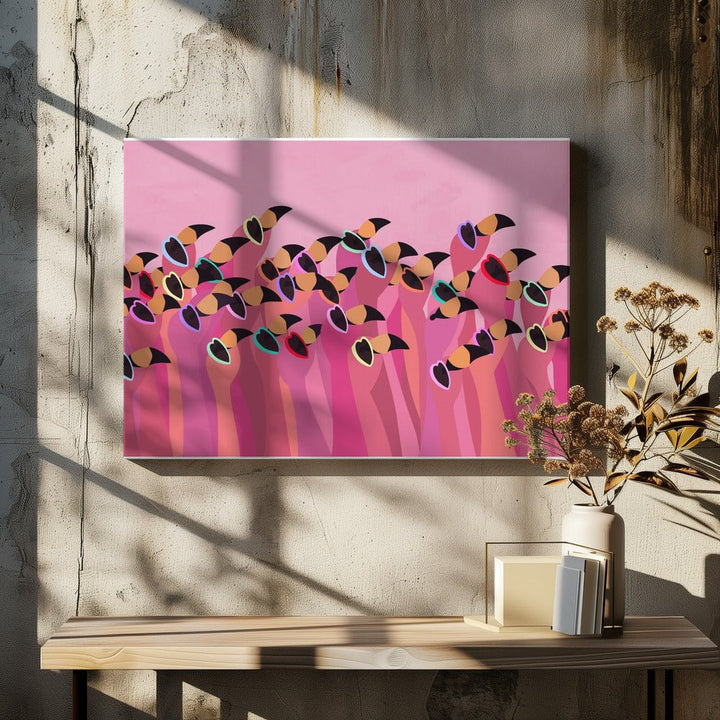 Flock flamingo peach - Stretched Canvas, Poster or Fine Art Print - I Heart Wall Art - Poster Print, Canvas Print or Framed Art Print