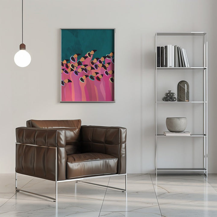 Flock flamingo turquoise - Stretched Canvas, Poster or Fine Art Print - I Heart Wall Art - Poster Print, Canvas Print or Framed Art Print