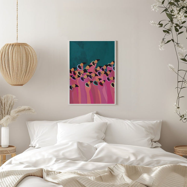 Flock flamingo turquoise - Stretched Canvas, Poster or Fine Art Print - I Heart Wall Art - Poster Print, Canvas Print or Framed Art Print