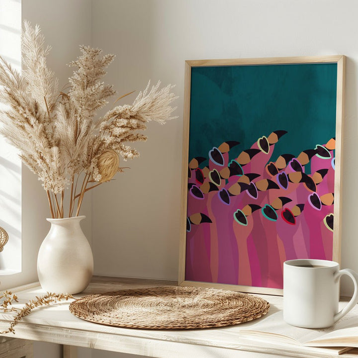Flock flamingo turquoise - Stretched Canvas, Poster or Fine Art Print - I Heart Wall Art - Poster Print, Canvas Print or Framed Art Print