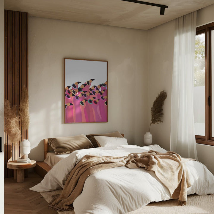 Flock flamingo white - Stretched Canvas, Poster or Fine Art Print - I Heart Wall Art - Poster Print, Canvas Print or Framed Art Print