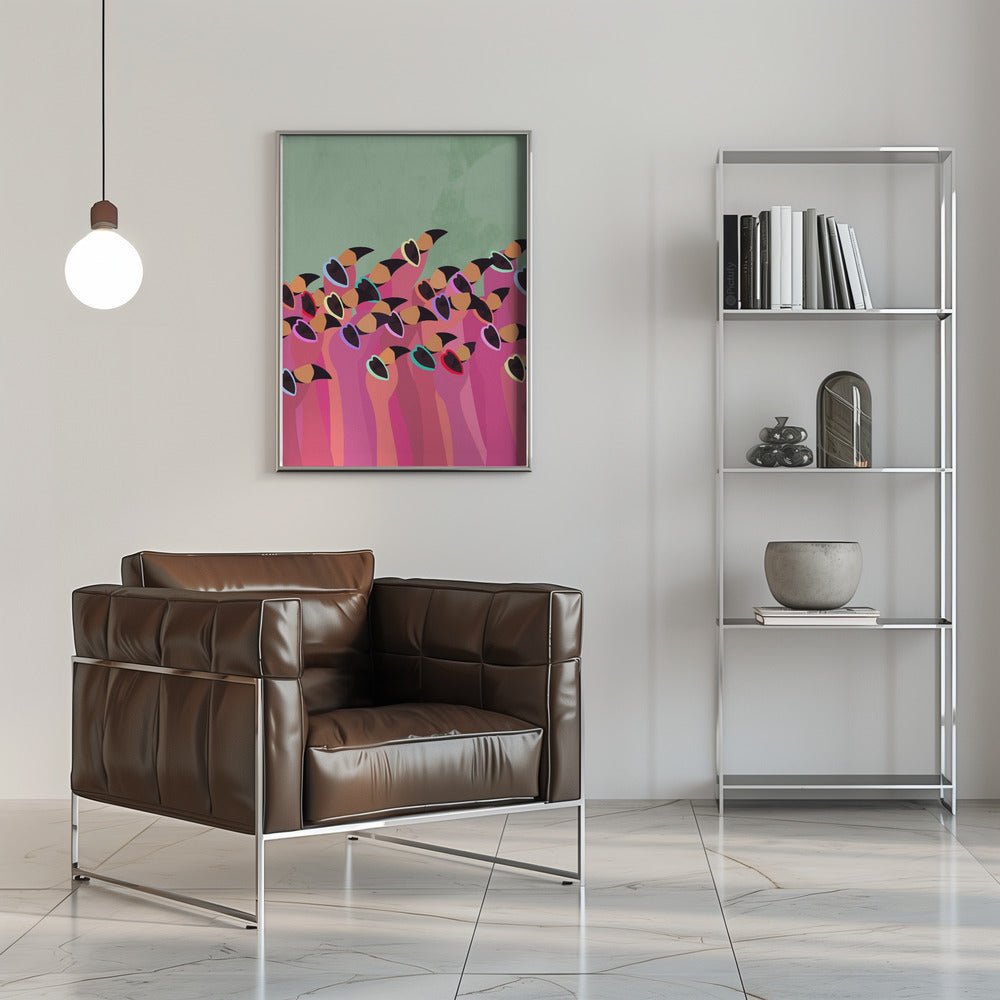Flock Flamingos green - Stretched Canvas, Poster or Fine Art Print - I Heart Wall Art - Poster Print, Canvas Print or Framed Art Print