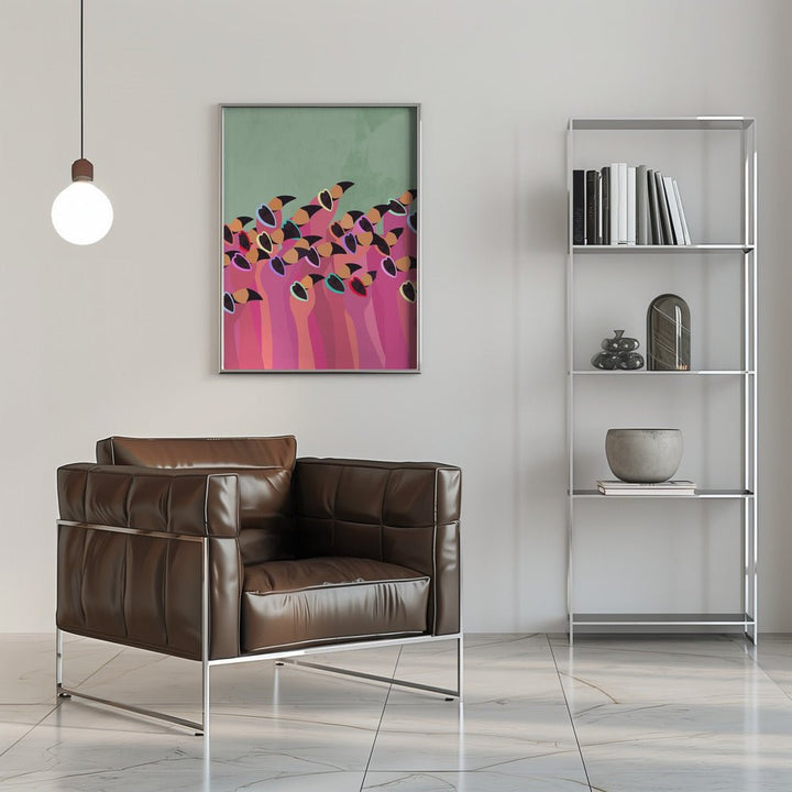 Flock Flamingos green - Stretched Canvas, Poster or Fine Art Print - I Heart Wall Art - Poster Print, Canvas Print or Framed Art Print