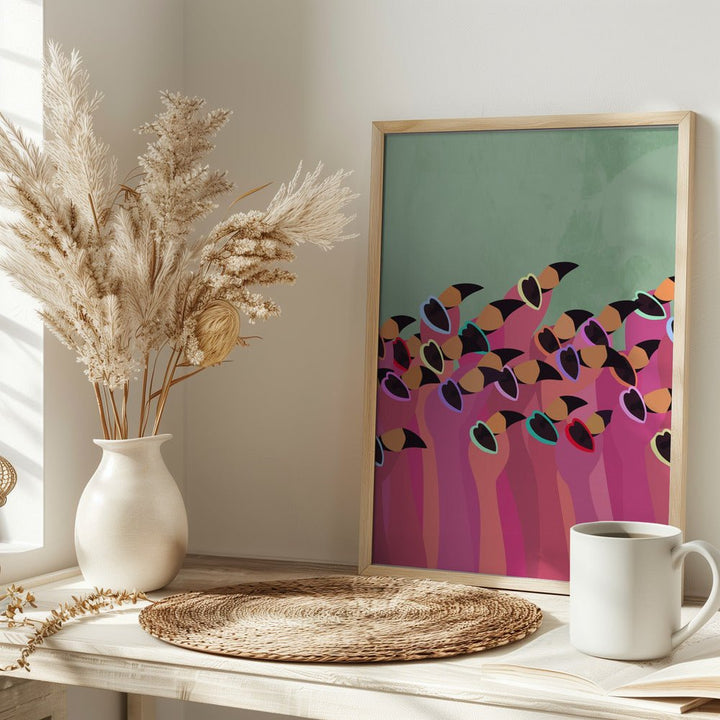 Flock Flamingos green - Stretched Canvas, Poster or Fine Art Print - I Heart Wall Art - Poster Print, Canvas Print or Framed Art Print