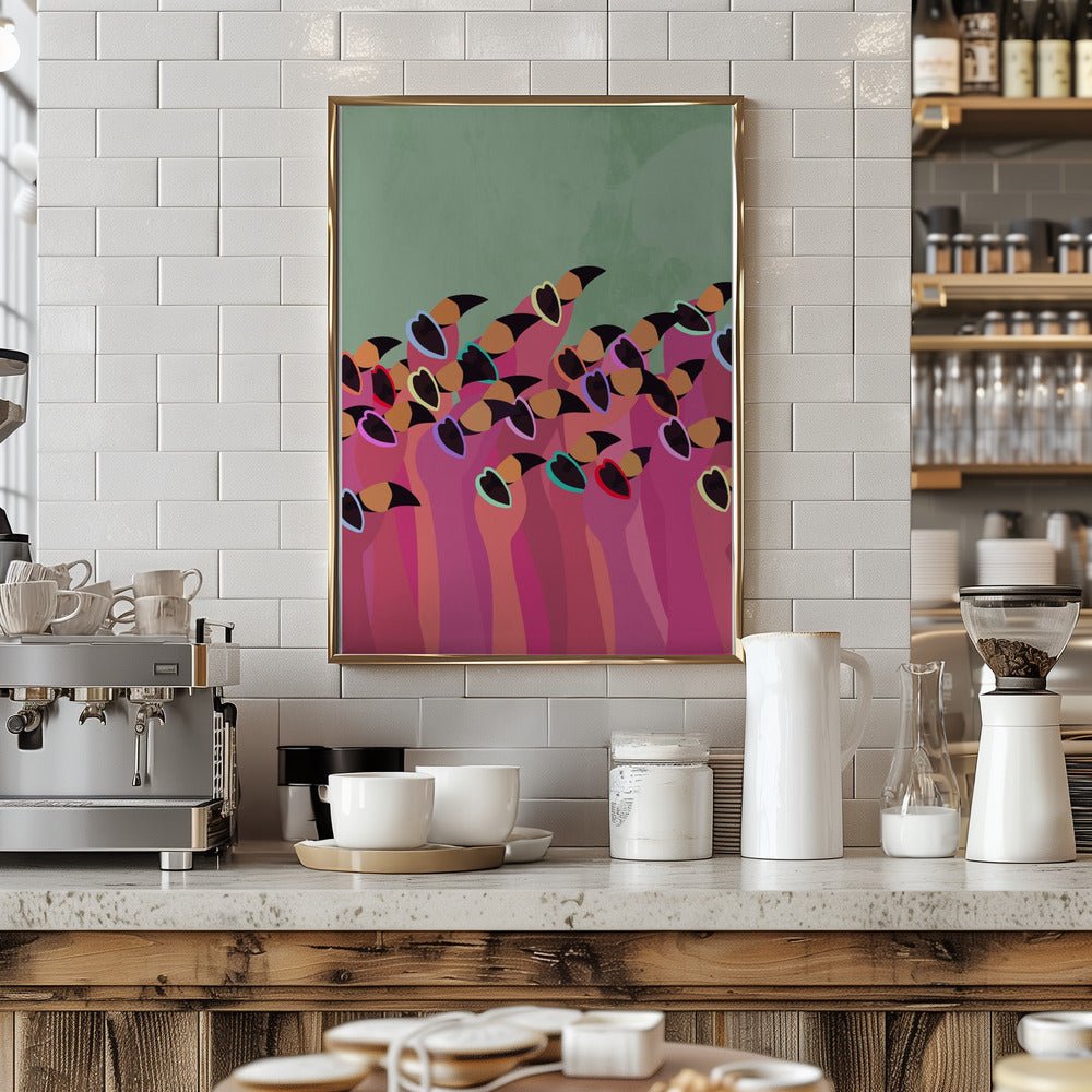 Flock Flamingos green - Stretched Canvas, Poster or Fine Art Print - I Heart Wall Art - Poster Print, Canvas Print or Framed Art Print