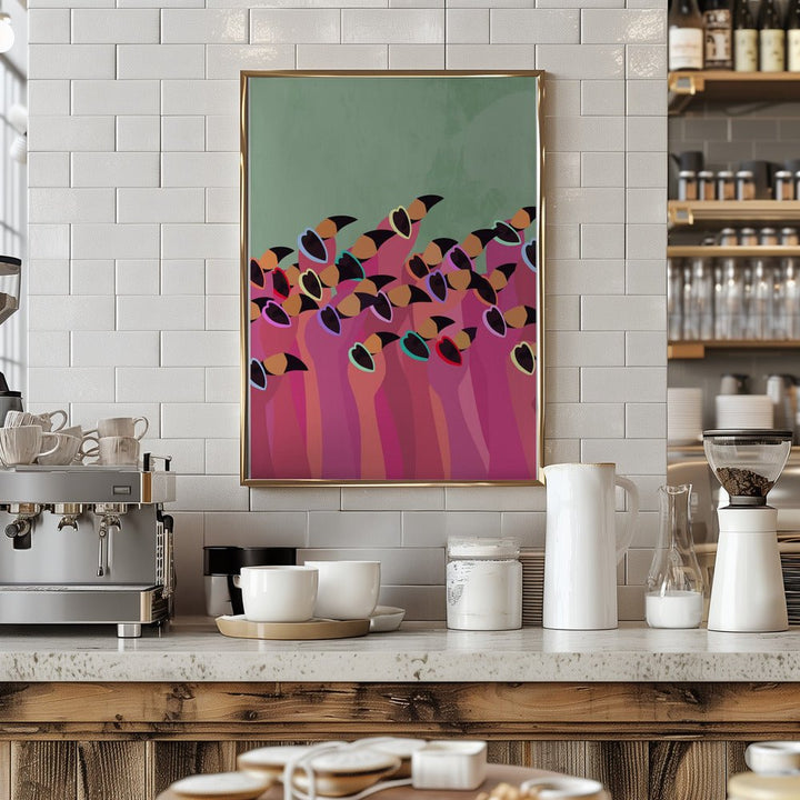 Flock Flamingos green - Stretched Canvas, Poster or Fine Art Print - I Heart Wall Art - Poster Print, Canvas Print or Framed Art Print